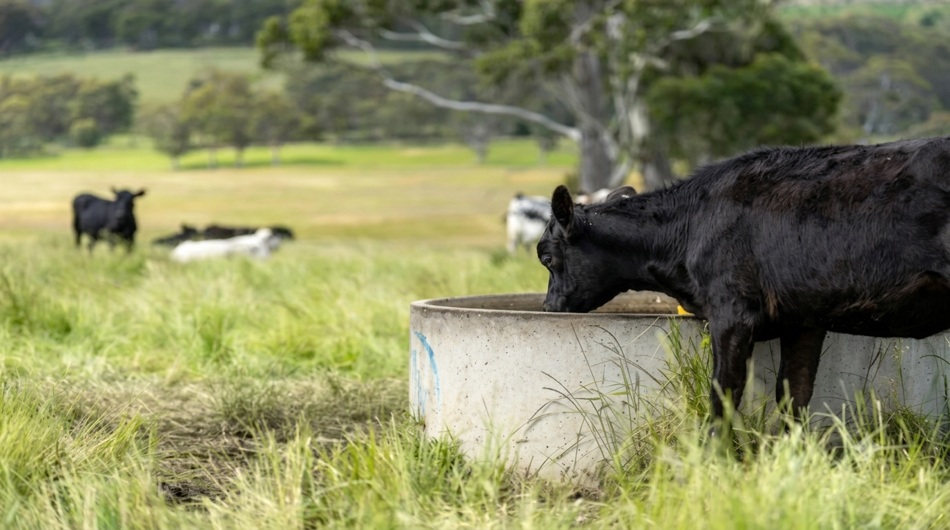 Black Angus cow drinking from a concrete stock trough in a grassy pasture, with a rural landscape and herd in the background.