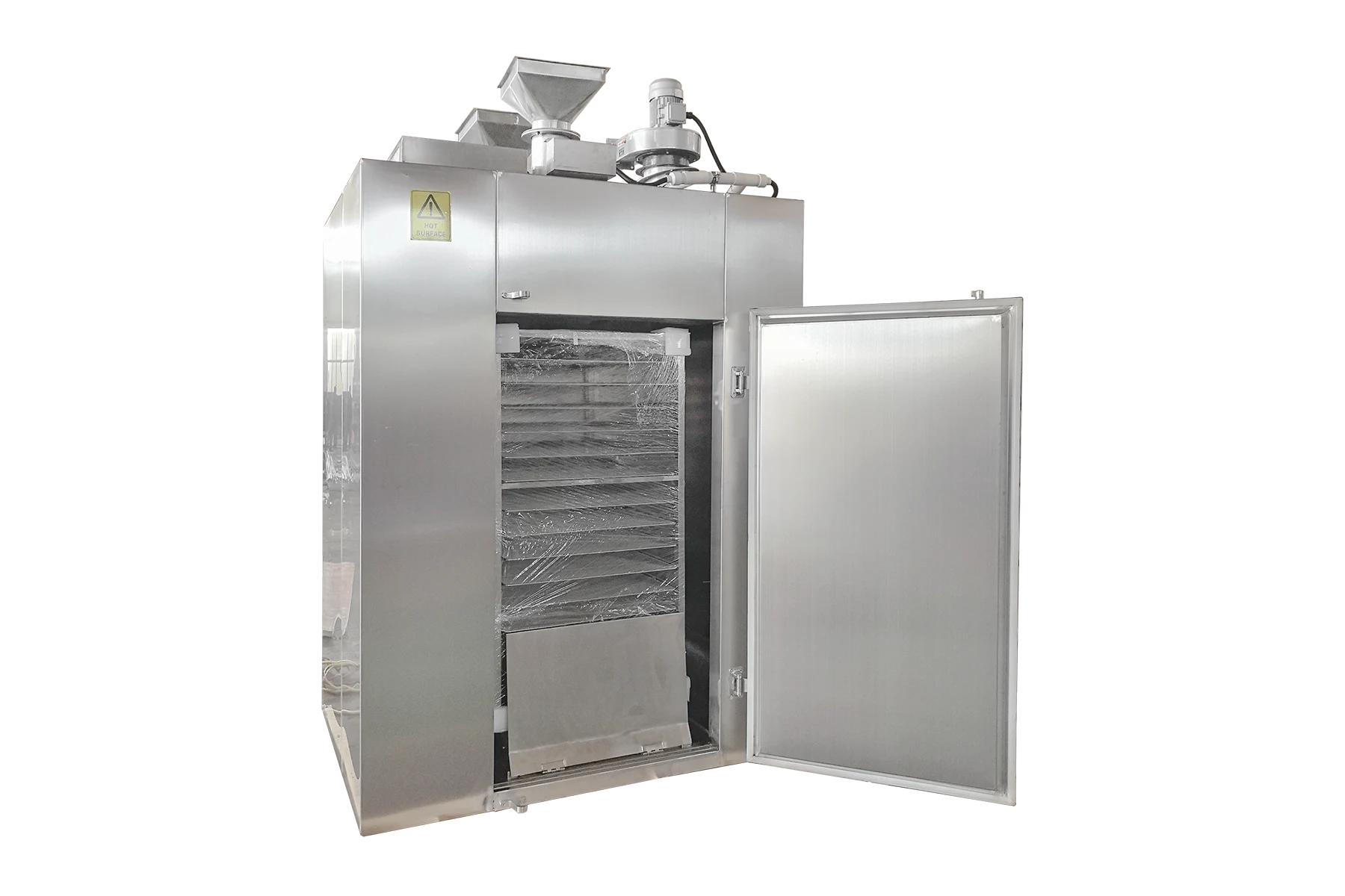 Industrial dehydrator with door open