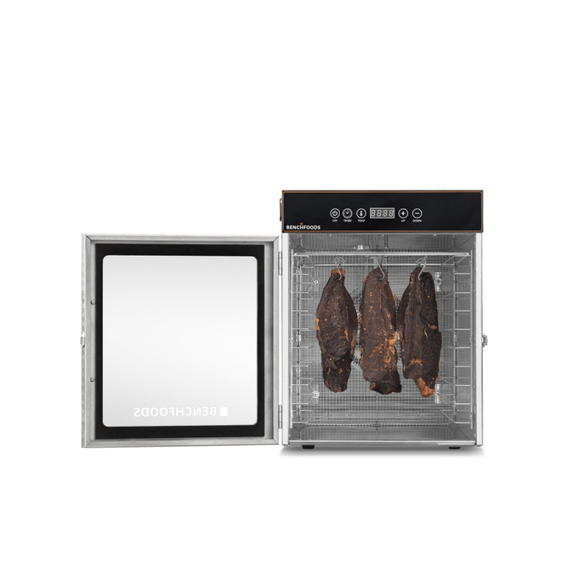 Benchfoods 10 Tray Stainless Steel Domestic Dehydrator Biltong Bundle Front View Open Lid