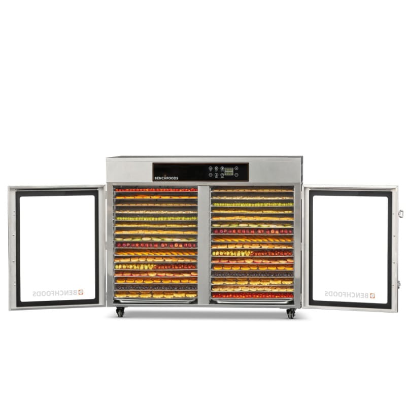 Benchfoods 32HCUDG 32 Tray Horizontal Dehydrator Front View Open With Fruit