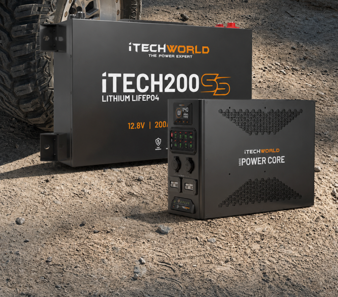 iTechWorld Mini Power Core + Super Slim 200Ah beside vehicle