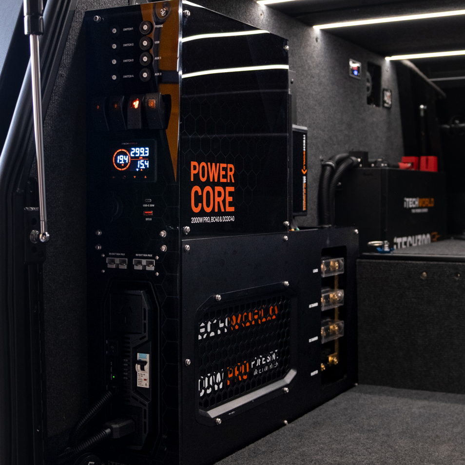 iTechWorld Power Core installed showing digital displays, switches and wiring