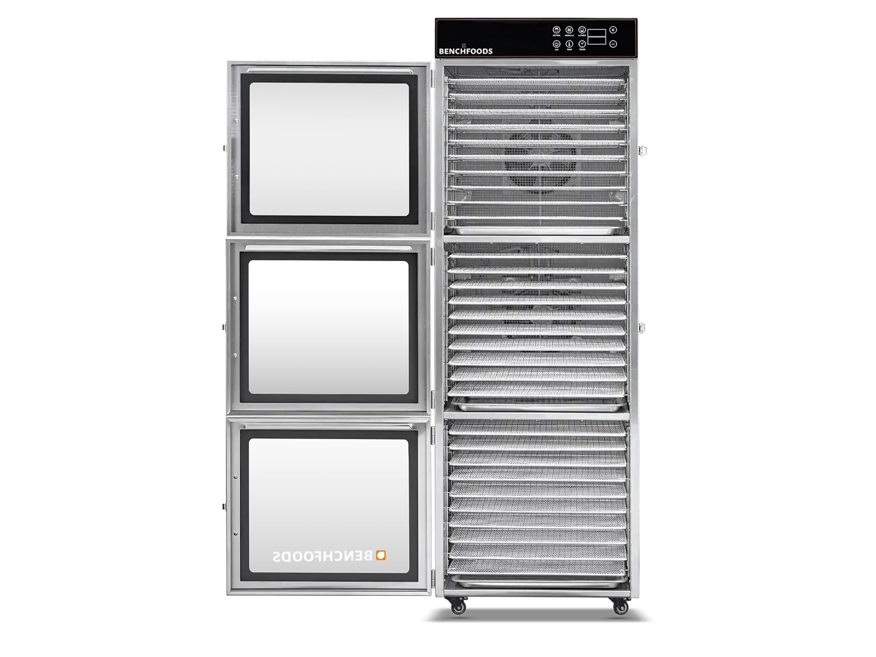 Benchfoods 30 Tray Commercial Food Dehydrator, open with trays