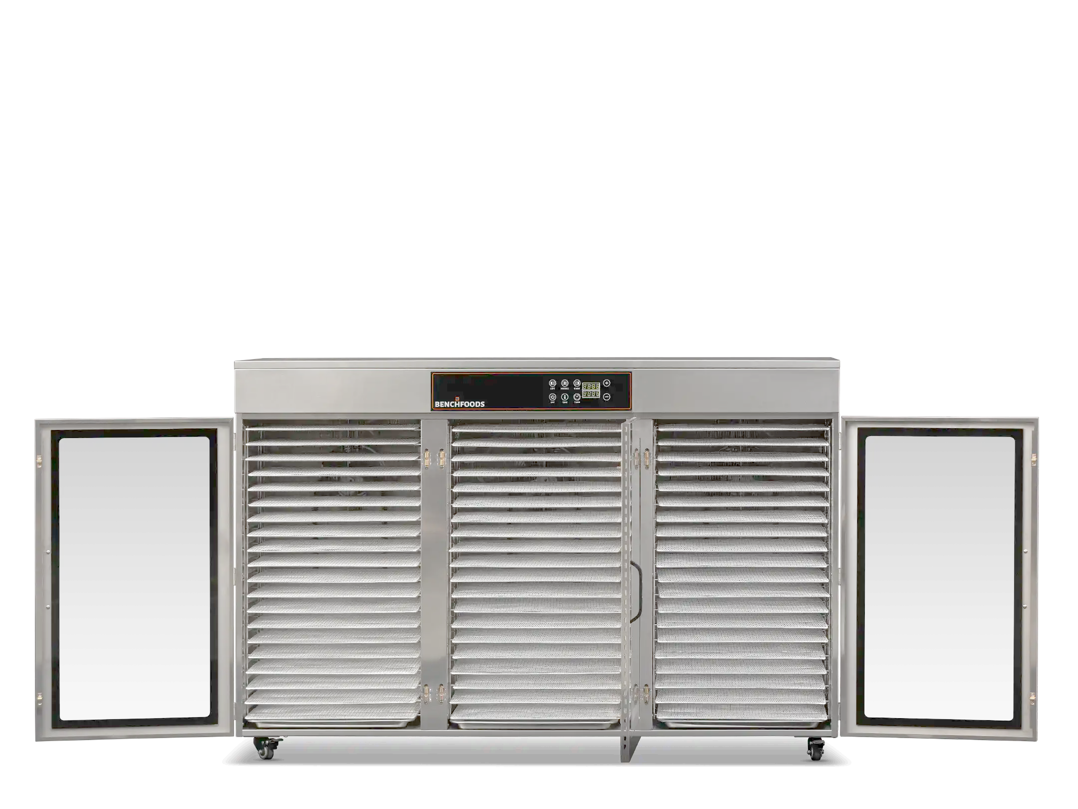 Benchfoods 60 Tray Commercial Food Dehydrator, open with trays