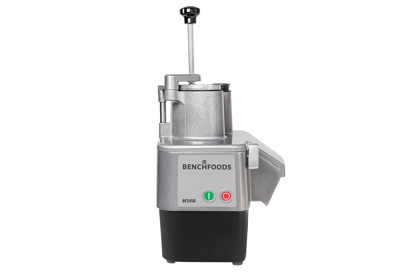Commercial All-In-One Food Slicer, front view with plunger up