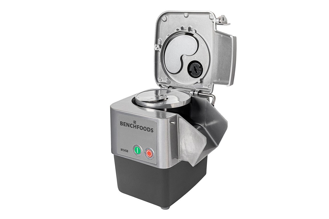 Commercial All-In-One Food Slicer, side view with blade open